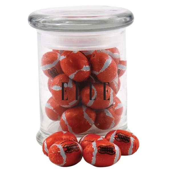 Chocolate Footballs in a Round Glass Jar with Lid - Image 1