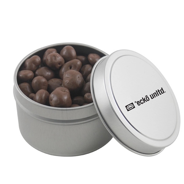 Chocolate Covered Raisins in a Round Metal Tin with Lid - Image 1