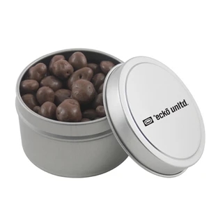 Chocolate Covered Raisins in a Round Metal Tin with Lid