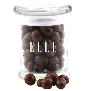 Chocolate Covered Peanuts in a Round Glass Jar with Lid