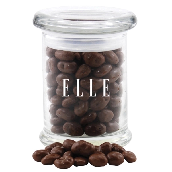 Chocolate Covered Raisins in a Round Glass Jar with Lid - Image 1