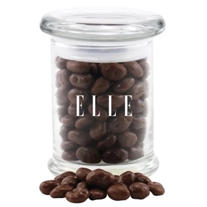 Chocolate Covered Raisins in a Round Glass Jar with Lid