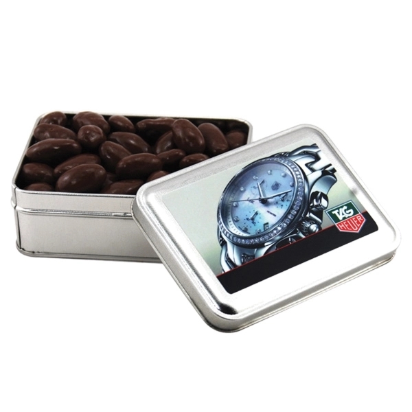 Chocolate Covered Almonds in a metal gift box with lid - Image 1