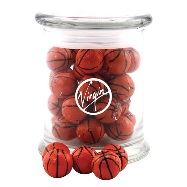 Chocolate Basketballs in a Large Round Glass Jar with Lid - Image 1