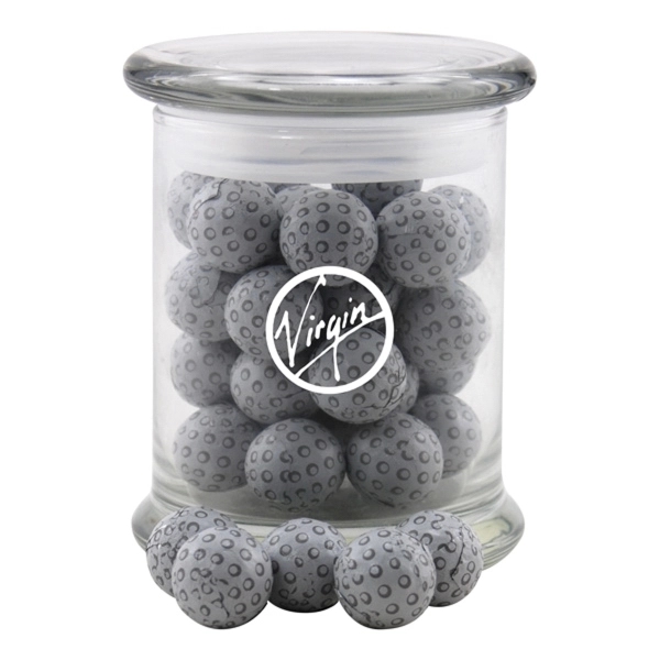 Chocolate Golf Balls in a Large Round Glass Jar with Lid - Image 1