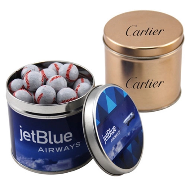 Chocolate Baseballs in a 3.5" Round Metal Tin with Lid - Image 1