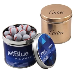 Chocolate Baseballs in a 3.5" Round Metal Tin with Lid