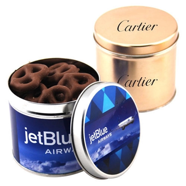 Chocolate Covered Pretzels in 3.5" Round Metal Tin with Lid - Image 1