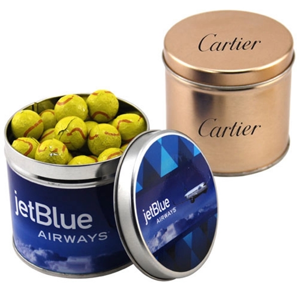 Chocolate Tennis Balls in 3.5" Round Metal Tin with Lid - Image 1