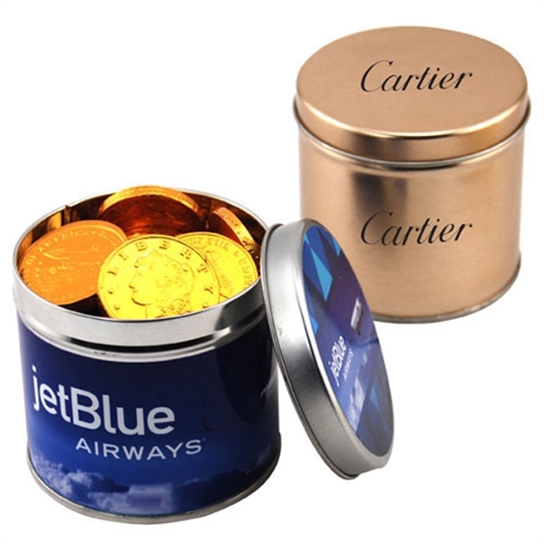 Chocolate Coins in 3.5" Round Metal Tin with Lid - Image 1
