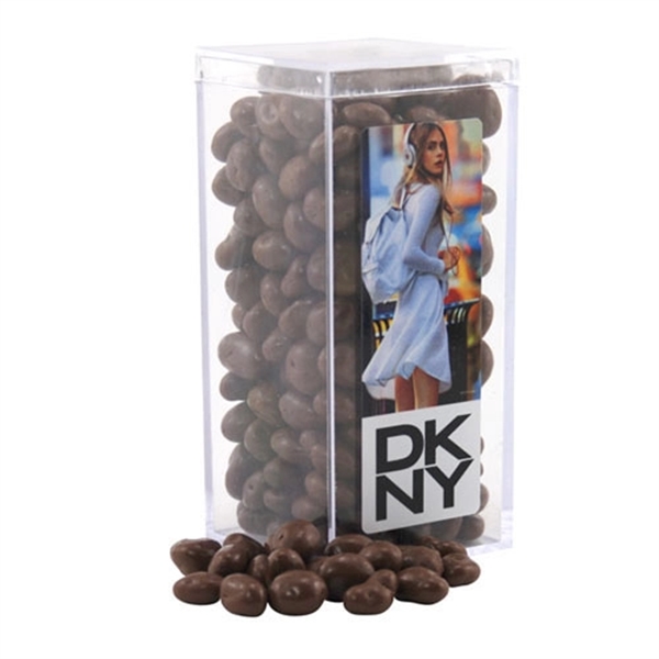 Chocolate Covered Raisins in a Clear Acrylic Square Tall Box - Image 1