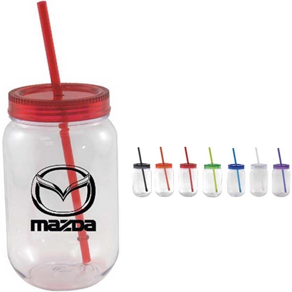 28 oz Mason jar with colored lids and straw - Image 1