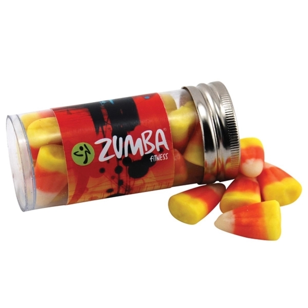 Candy Corn in a 3 " Plastic Tube with Metal Cap - Image 1