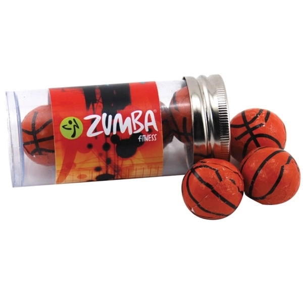 Chocolate Basketballs in a 3 " Plastic Tube with Metal Cap - Image 1