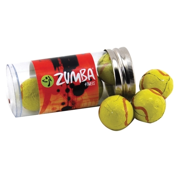 Chocolate Tennis Balls in a 3 " Plastic Tube with Metal Cap - Image 1