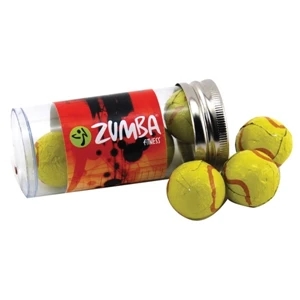 Chocolate Tennis Balls in a 3 " Plastic Tube with Metal Cap