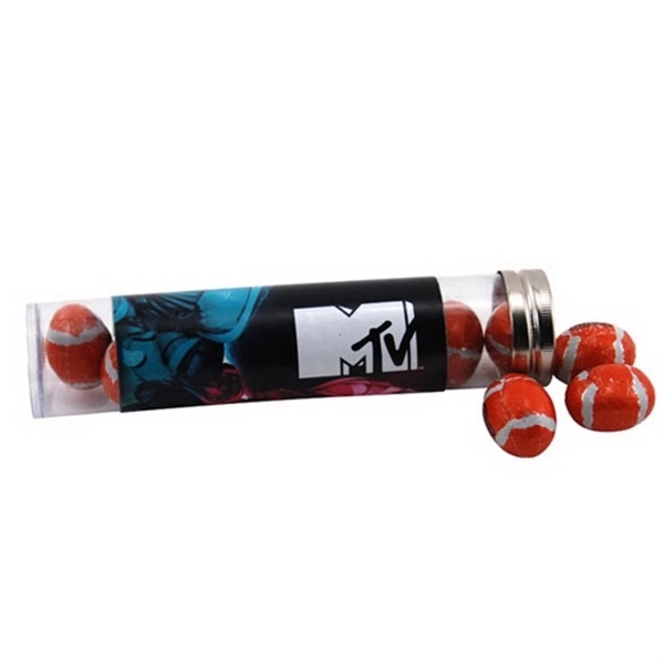 Chocolate Footballs in a 6 " Plastic Tube with Metal Cap - Image 1