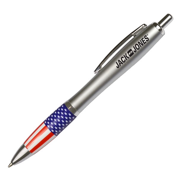 Silver Barrel Ballpoint Pen w/ Patriotic Rubber Grip - Image 1