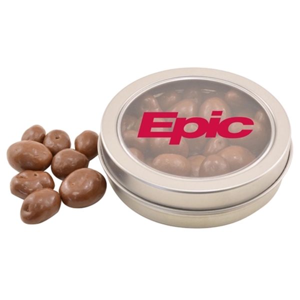 Round Metal Tin with Lid and Chocolate Covered Raisins - Image 1