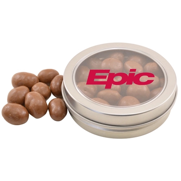 Round Metal Tin with Lid and Chocolate Covered Peanuts - Image 1