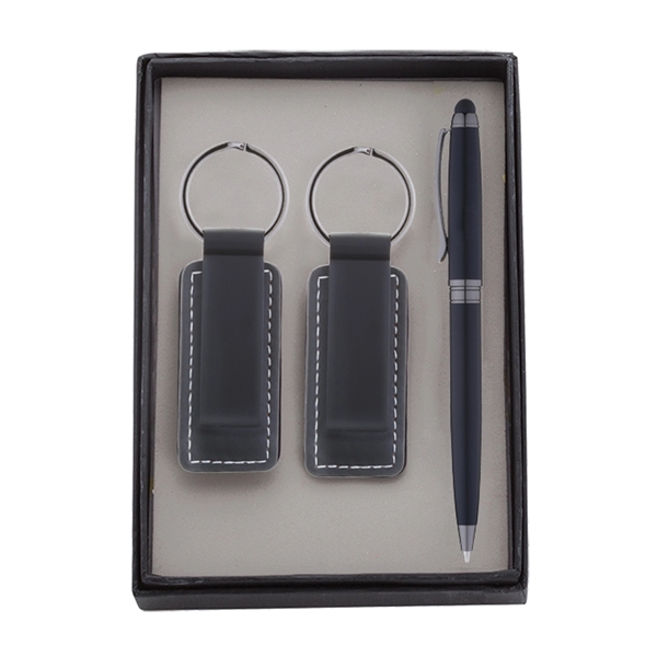 Pen & Black Leatherette/ Metal Keychain Gift Set - Image 2