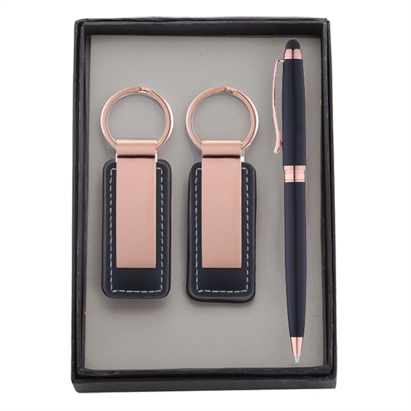 Pen & Black Leatherette/ Metal Keychain Gift Set - Image 3
