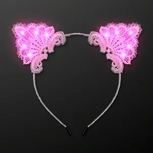 Pink LED White Lace Cat Headband, Festival Light Ears