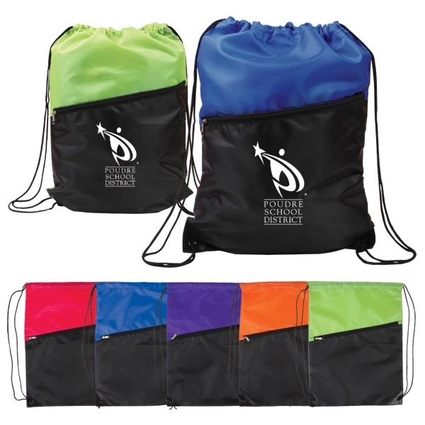 Two-Tone Poly Drawstring Backpack with Zipper - Image 1