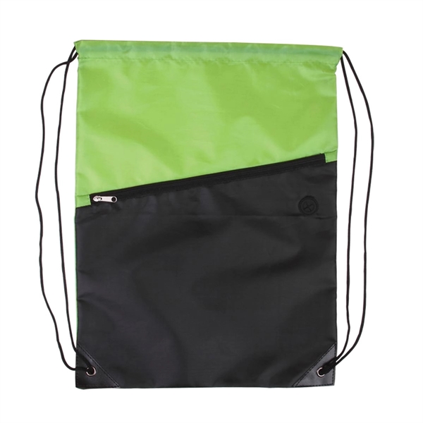Two-Tone Poly Drawstring Backpack with Zipper - Image 3