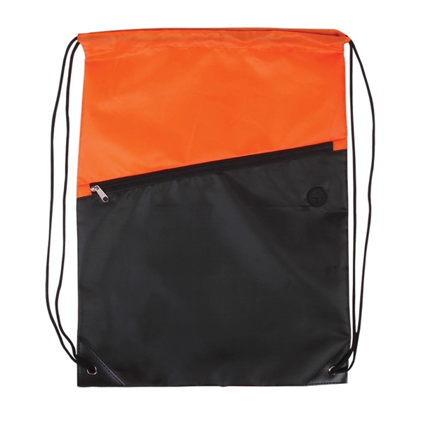 Two-Tone Poly Drawstring Backpack with Zipper - Image 4