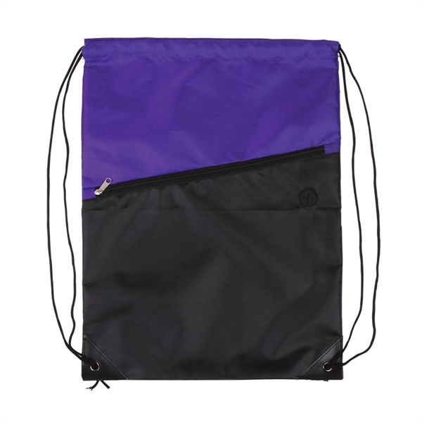 Two-Tone Poly Drawstring Backpack with Zipper - Image 5