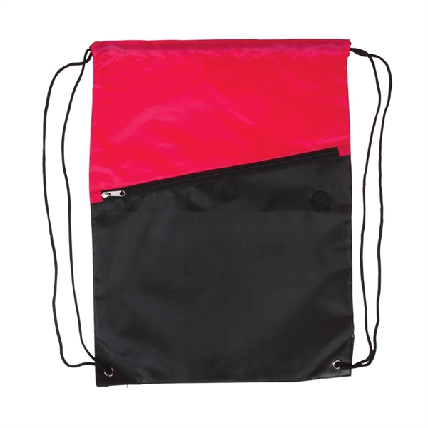Two-Tone Poly Drawstring Backpack with Zipper - Image 6