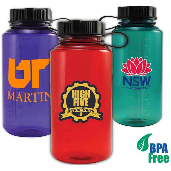 32 oz. BPA free Plastic Water Bottle w/ Tethered lid