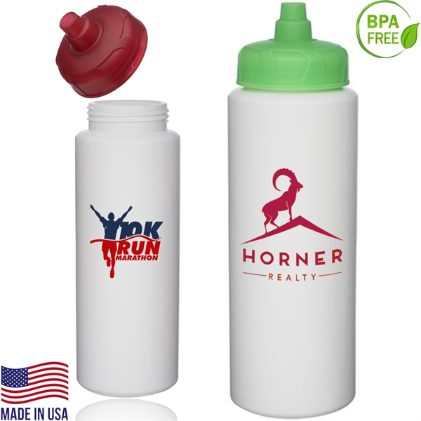 32 oz. USA made HDPE Plastic Sports Bottle w/ Quick Shot Lid