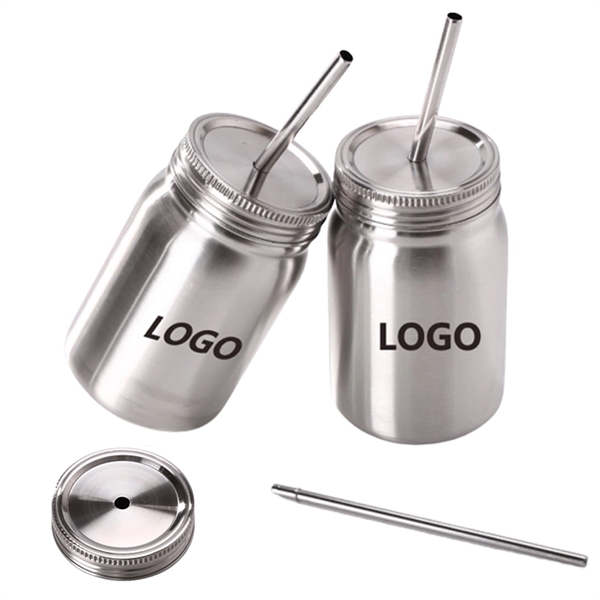 16oz Stainless Steel Mason Jar Cup Tumbler With Straw