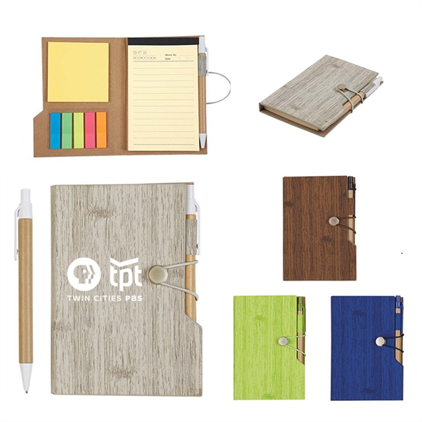 Hardcover Woodgrain Notebook & Sticky Notes Customizable