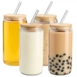Glass Cups with Bamboo Lids Glass Straws and Coasters (Set of 4 16