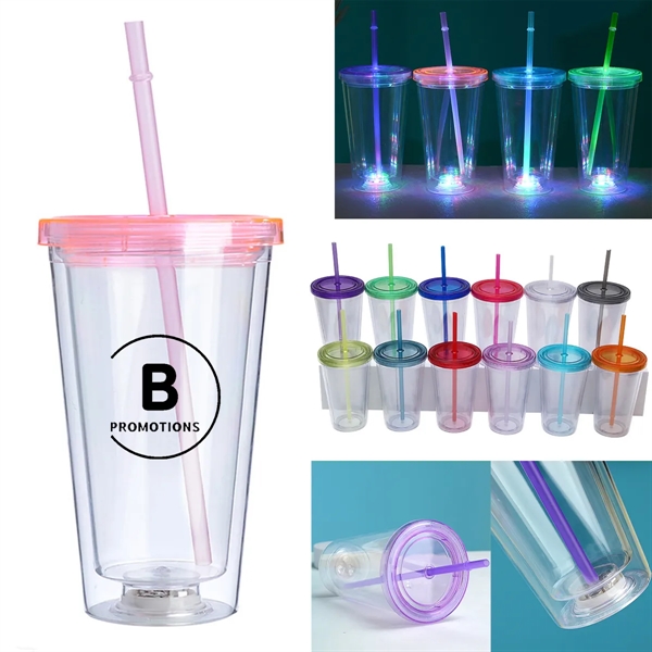 16oz LED Flashing Insulated Tumbler with Straw and Lid