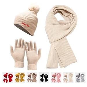 1set Women's Hat Set (thick Knitted Beanie, Scarf, Gloves) Winter