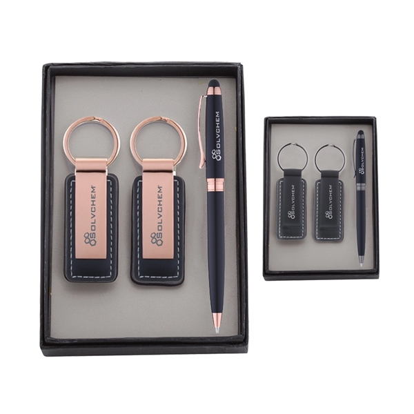 Pen & Black Leatherette/ Metal Keychain Gift Set - Image 1