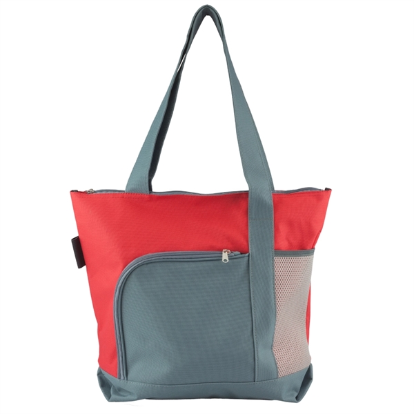Two-Tone Tote Bag Polyester Canvas Tote w/ Zip and Side Mesh - Image 4