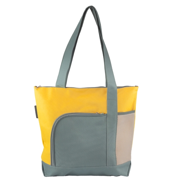 Two-Tone Tote Bag Polyester Canvas Tote w/ Zip and Side Mesh - Image 5