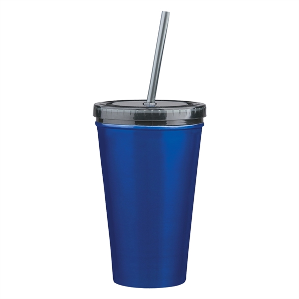 16 Oz. Stainless Steel Double Wall Tumbler With Straw - Image 2