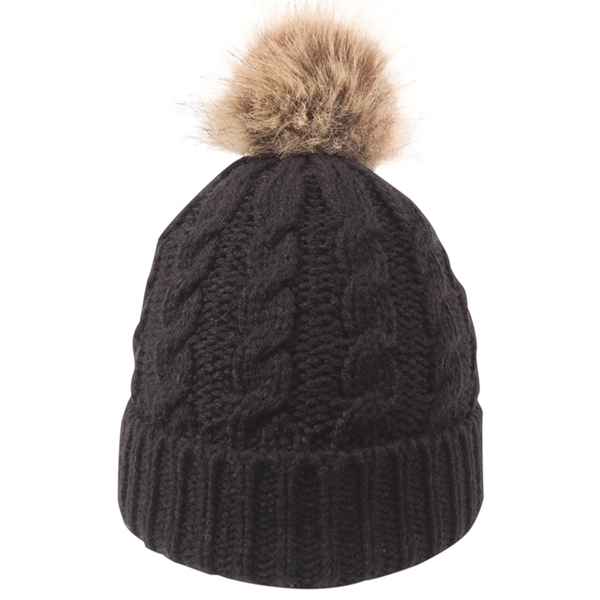 CABLE KNIT BEANIE WITH FAUX FUR POM - Image 2