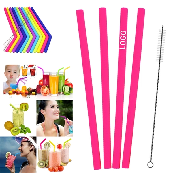 4PCS Reusable Silicone Straw with One Cleaner - Image 1