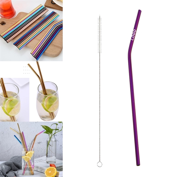 265mm Purple Reusable Stainless Steel Straw With Brush - Image 1