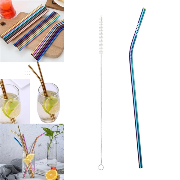 265mm Rainbow Reusable Stainless Steel Straw With Brush - Image 1
