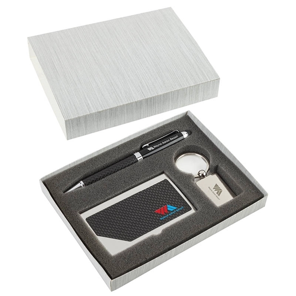 Carbon Fiber Pen, Business Card Case and Chrome Keyring Set - Image 2