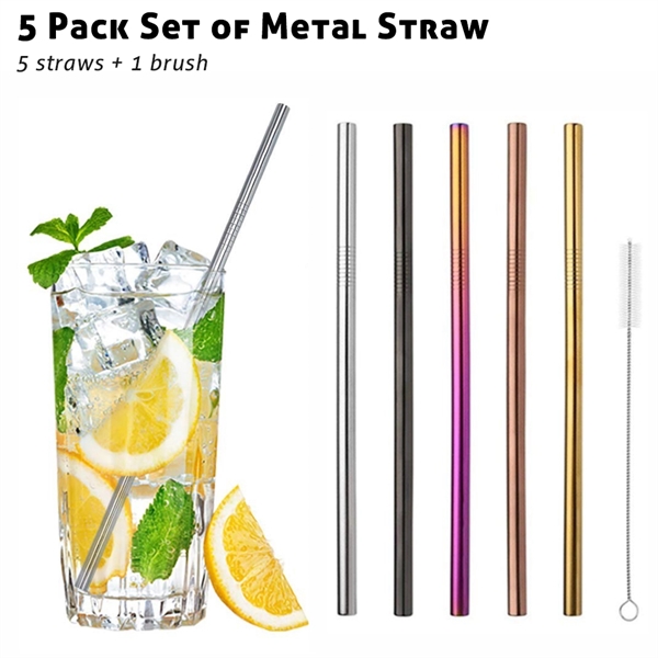 5 Pack Metal Straws Set with Brush - Image 1