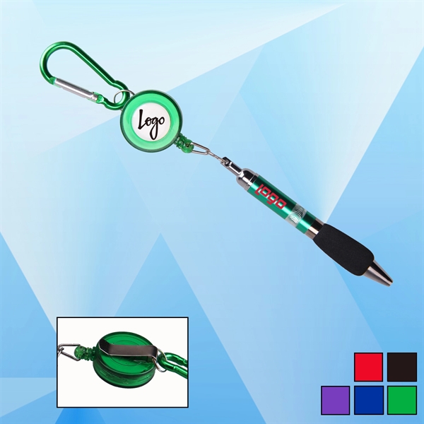 Round Retractable Badge Holder with Carabiner and Pen - Image 1